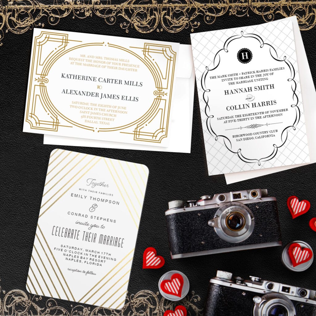 three art deco wedding invites next to analog cameras