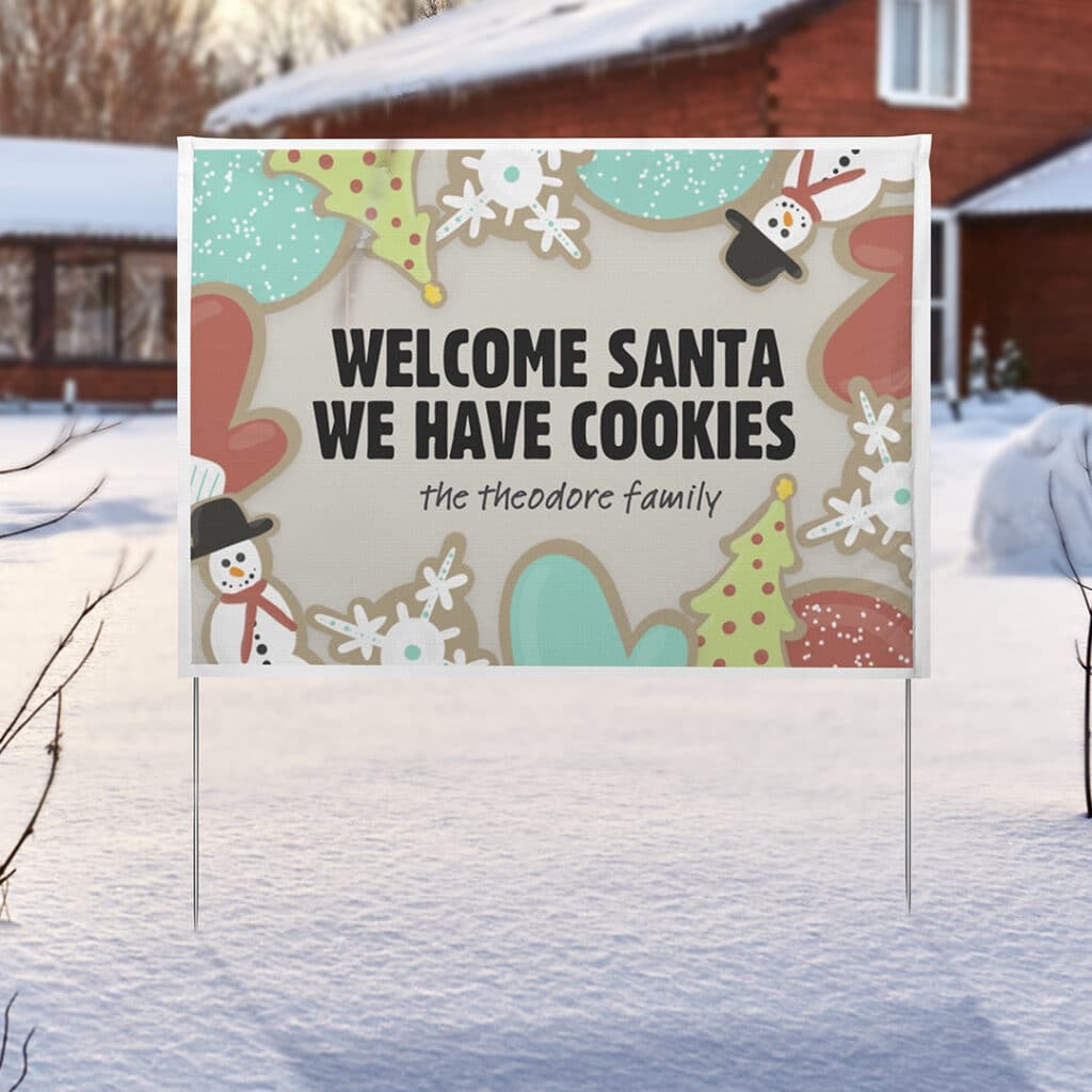 Decorate outside your home with festive holiday decor like these fun photo yard signs
