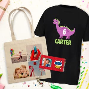 Image of a custom t-shirt, canvas tote bag, and colored pencil set all with birthday-centric designs.