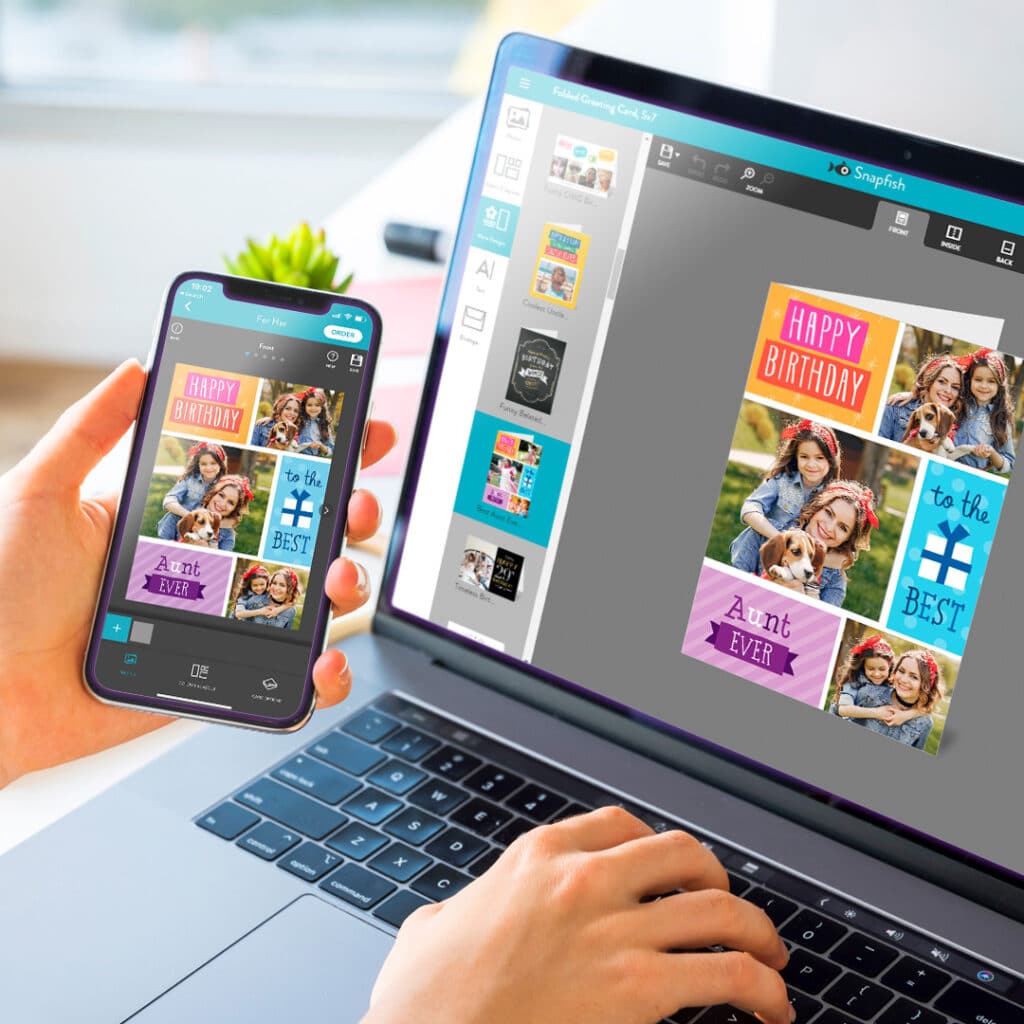 Creating cards in Snapfish online builder on a laptop and a mobile phone