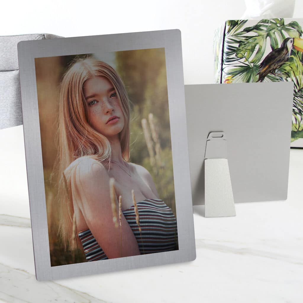 Metal photo prints are modern, frameless tabletop prints