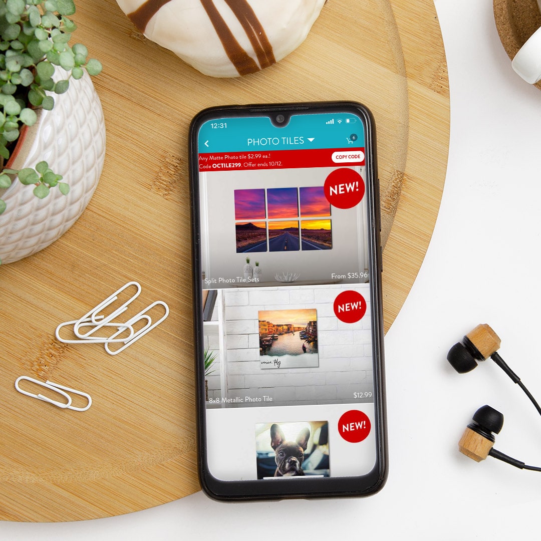 photo tiles offer on Snapfish app shown on a phone