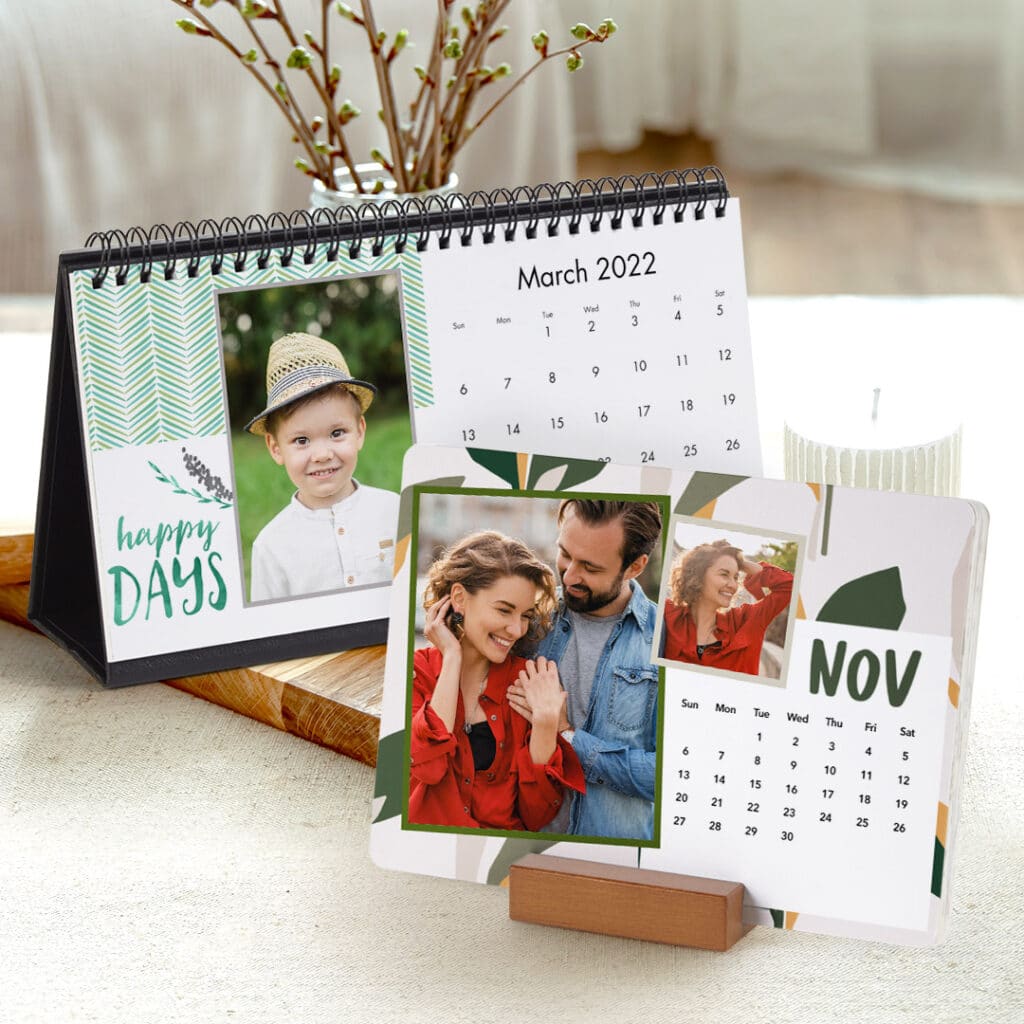 desk calendar and wood block calendar with beautiful images of a couple shown on a table with candles and flowers