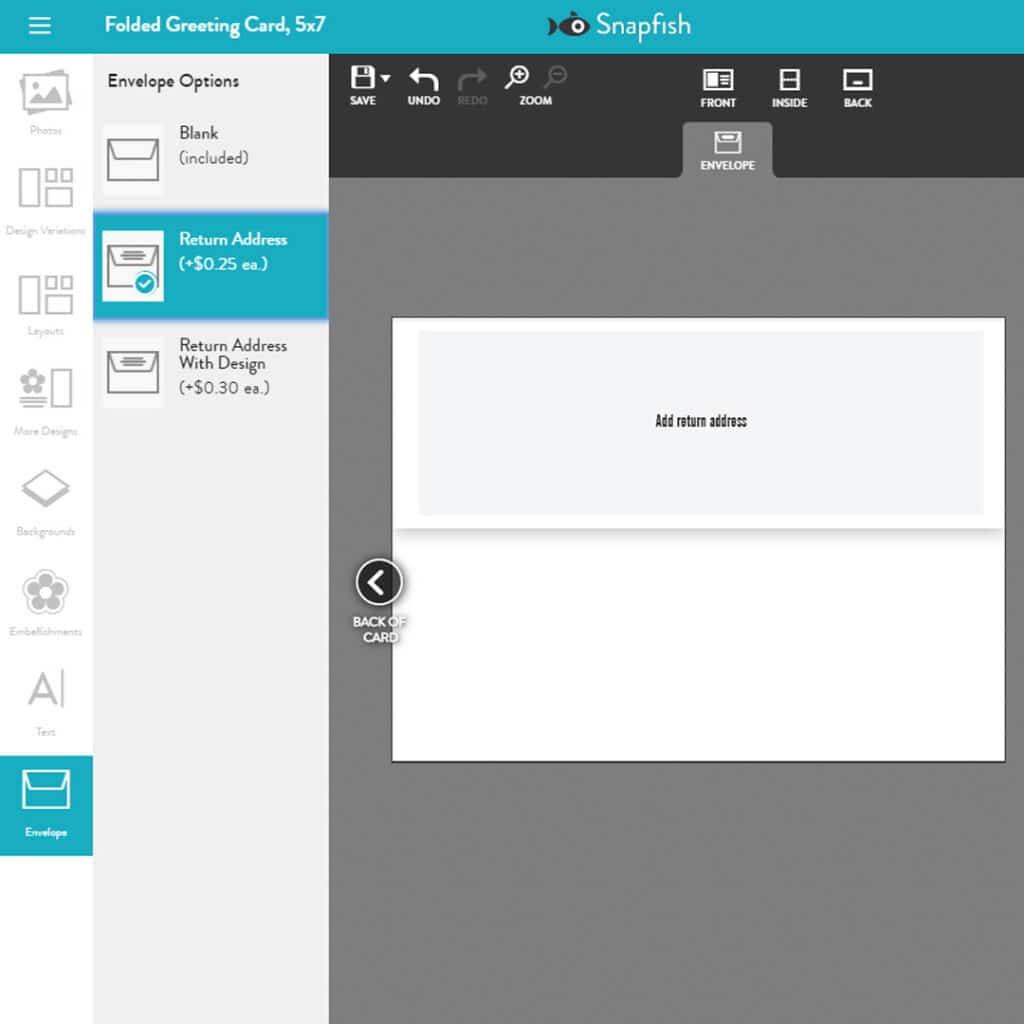 Choosing a return address option in the Snapfish online builder when creating a greeting card