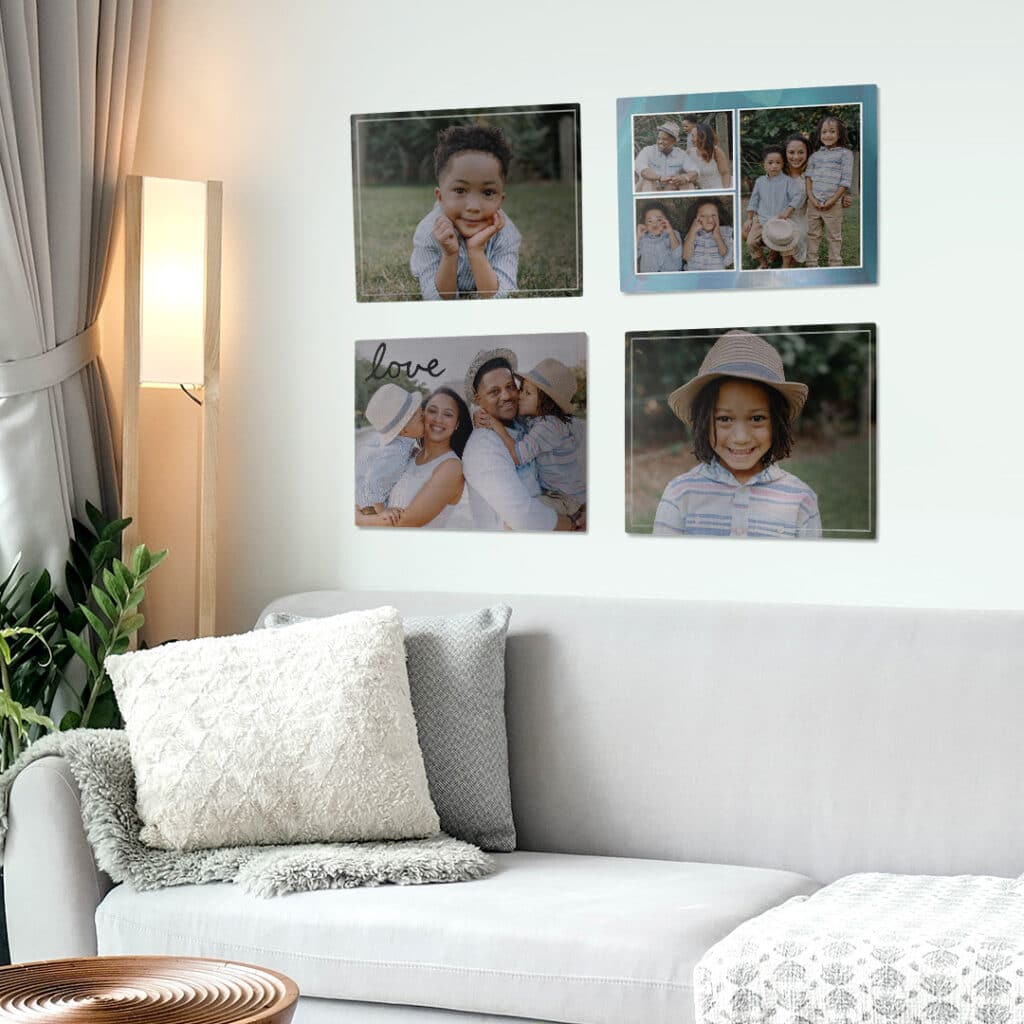 Create gallery wall of pictures printed onto metal panels