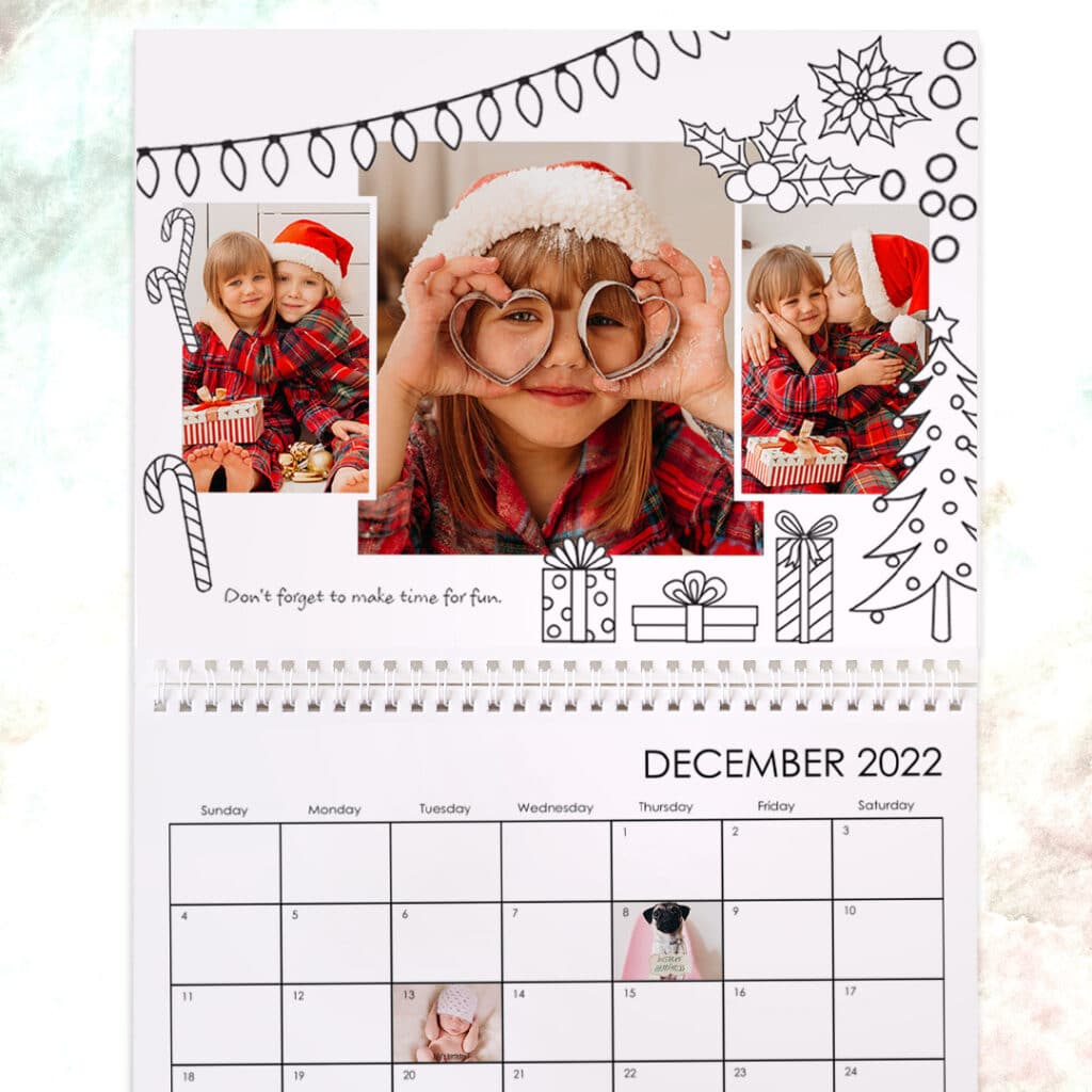 the month of December shown on a wall calendar which can be hand colored by kids and adults alike.