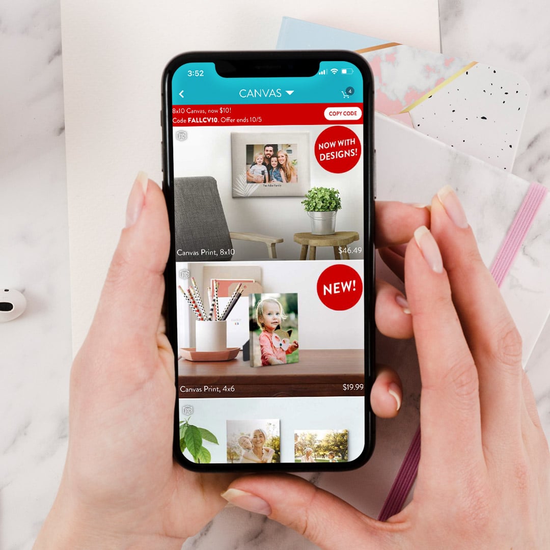 canvas sizes offer on Snapfish app shown on a phone