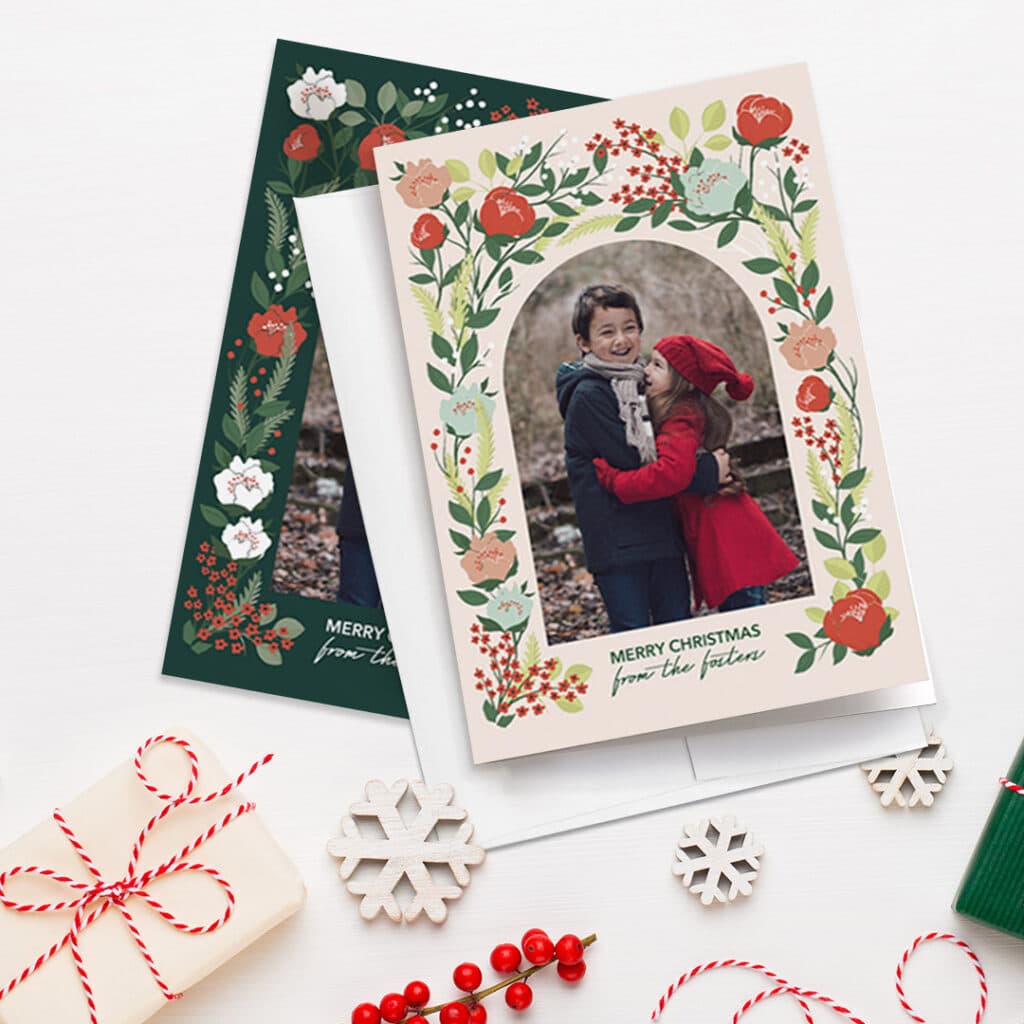 ornamental christmas photo card with surrounding holiday decor