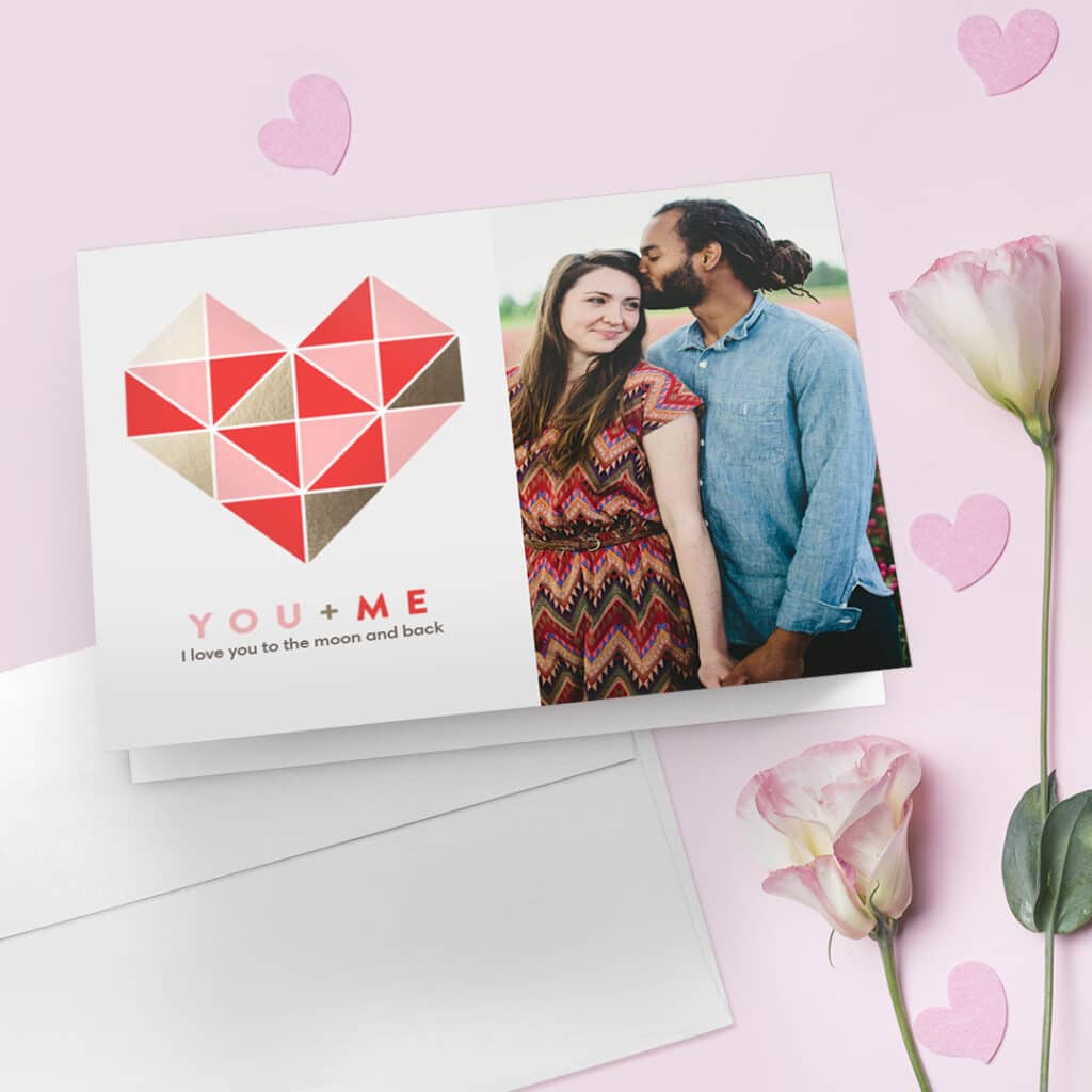 A Valentines Day greeting card with a happy couple image and text - be mine