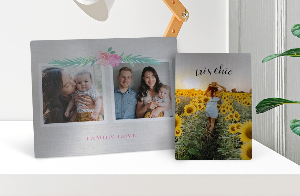 Metal photo prints showing collage picture layouts with text