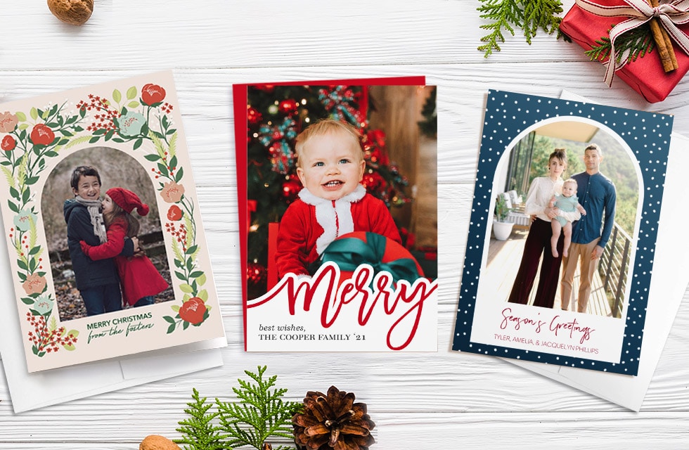 3 holiday cards on white backdrop