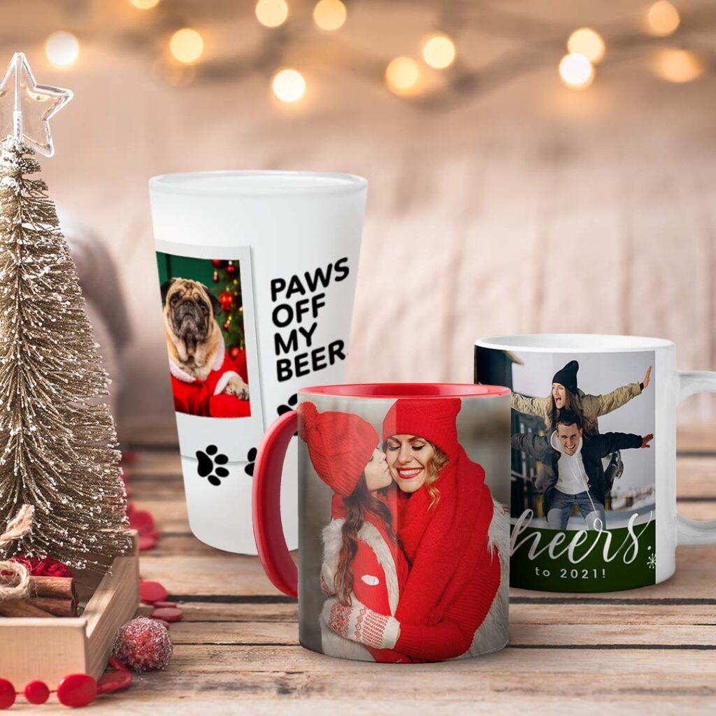 a selection of personalized Christmas drinkware