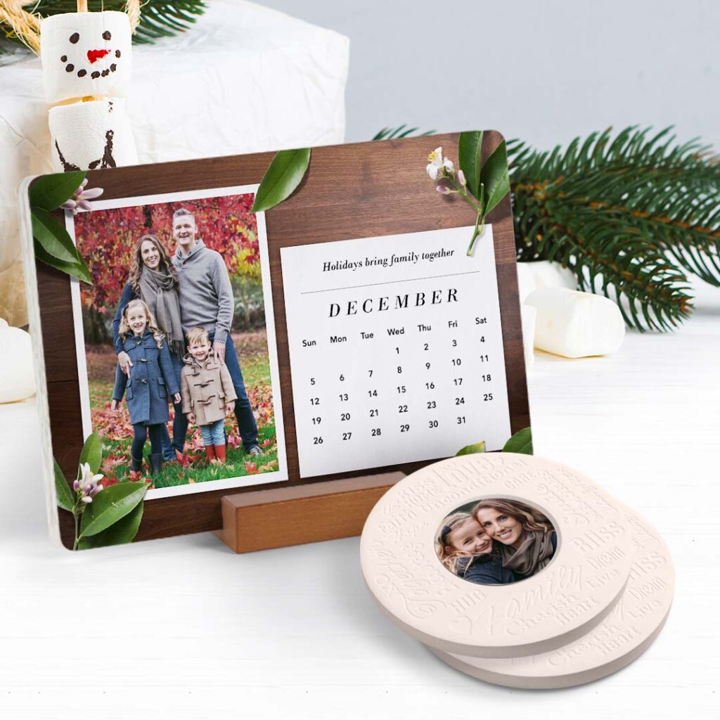 a light blue wood block calendar customized with photos