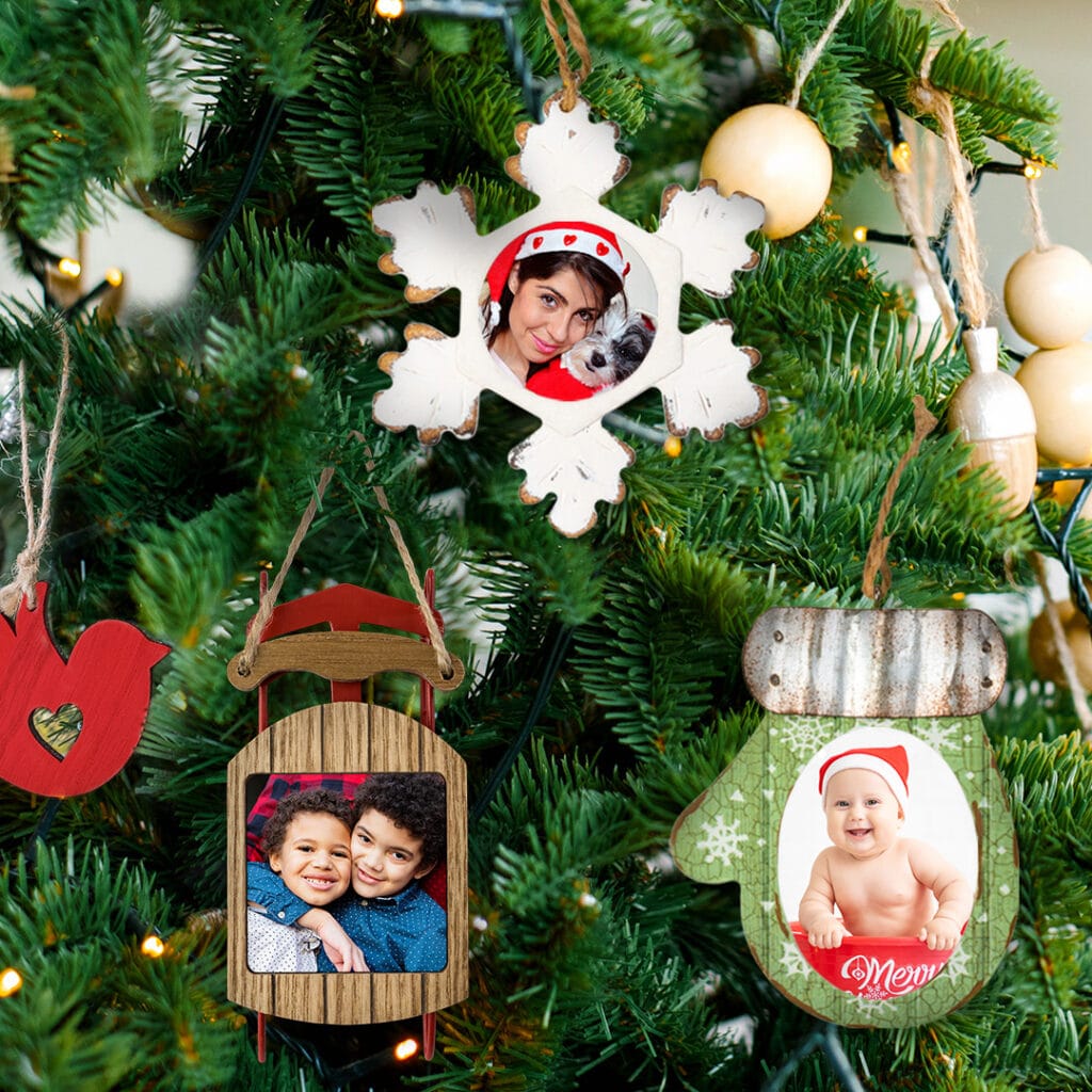 Rustic Snowflake, Mitten and Sled Ornament presented on a lovely Christmas tree