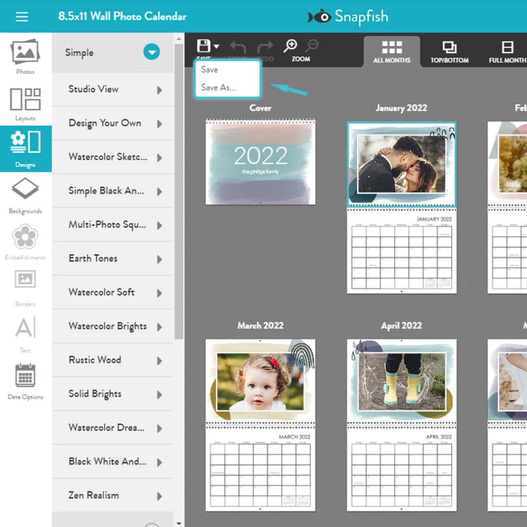 Saving a calendar design created in the Snapfish online calendar builder