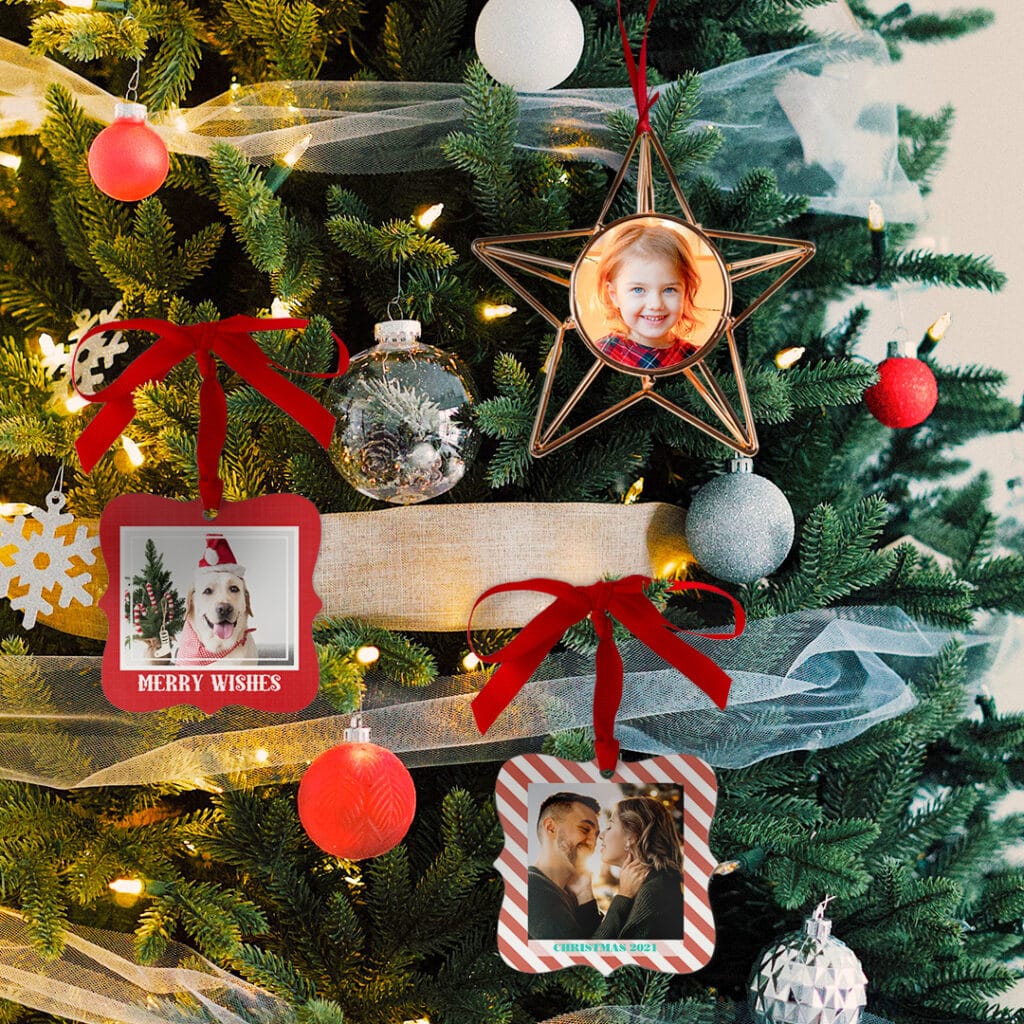 Aluminum Square Photo Ornament and Copper Wire Star Ornament presented on a lovely Christmas tree