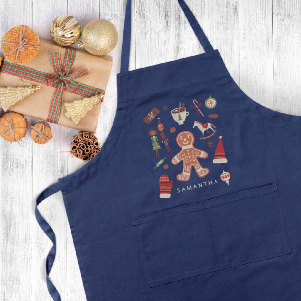 holiday apron lying next to gifts