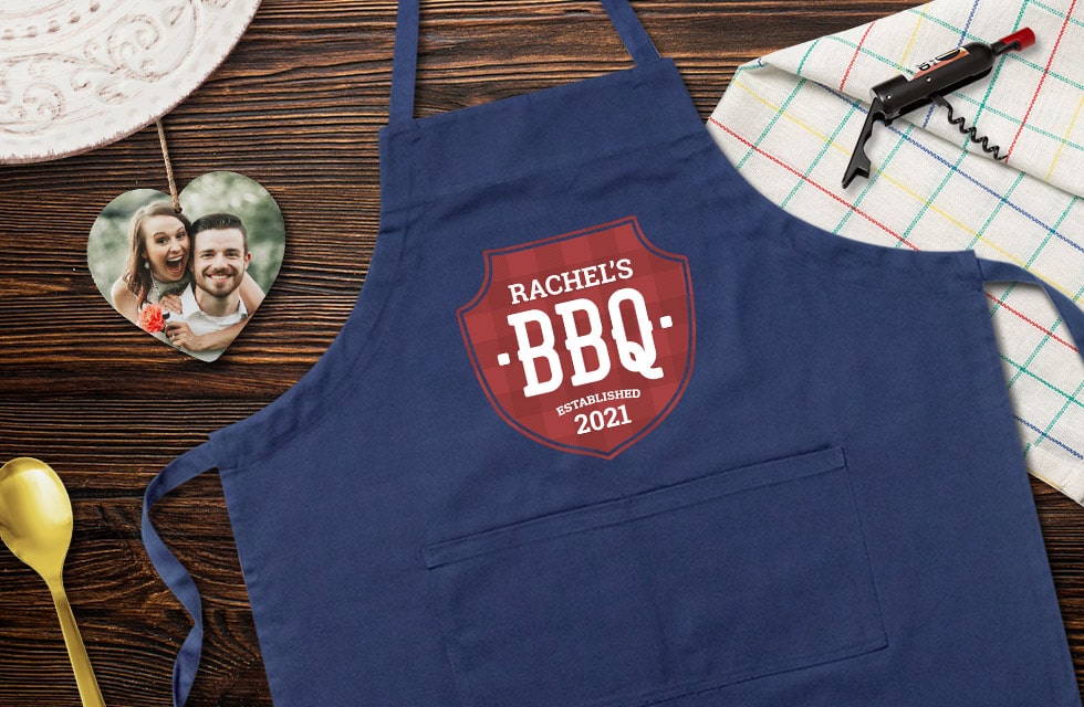 Blue cotton aprons personalized with pictures and text