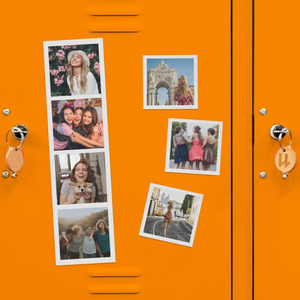 Print fun magnetic photo booth strips to brighten up a locker or other magnetic surface