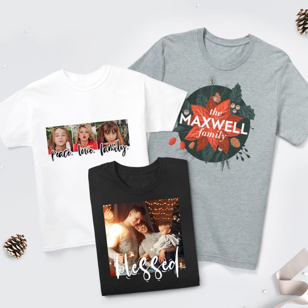 Create coordinated themes for family holiday reunions and parties with Snapfish personalized t-shirts