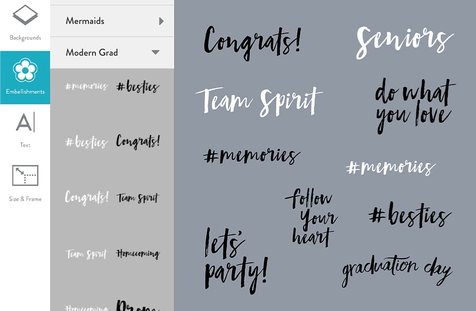 Snapfish has a wide range typographical Graduation embellishments for you to add to custom projects