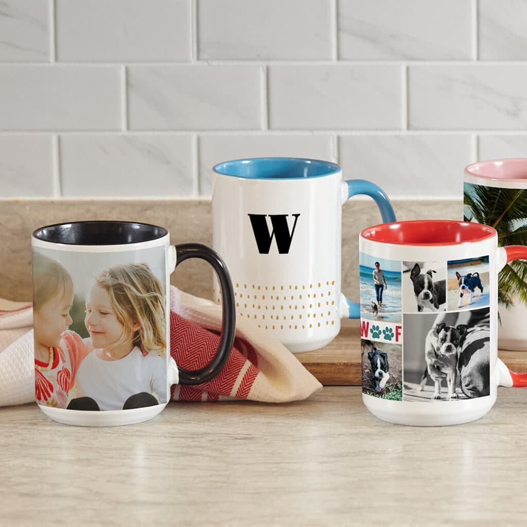 Super size your morning brew on 15oz color accent mugs with photos and text