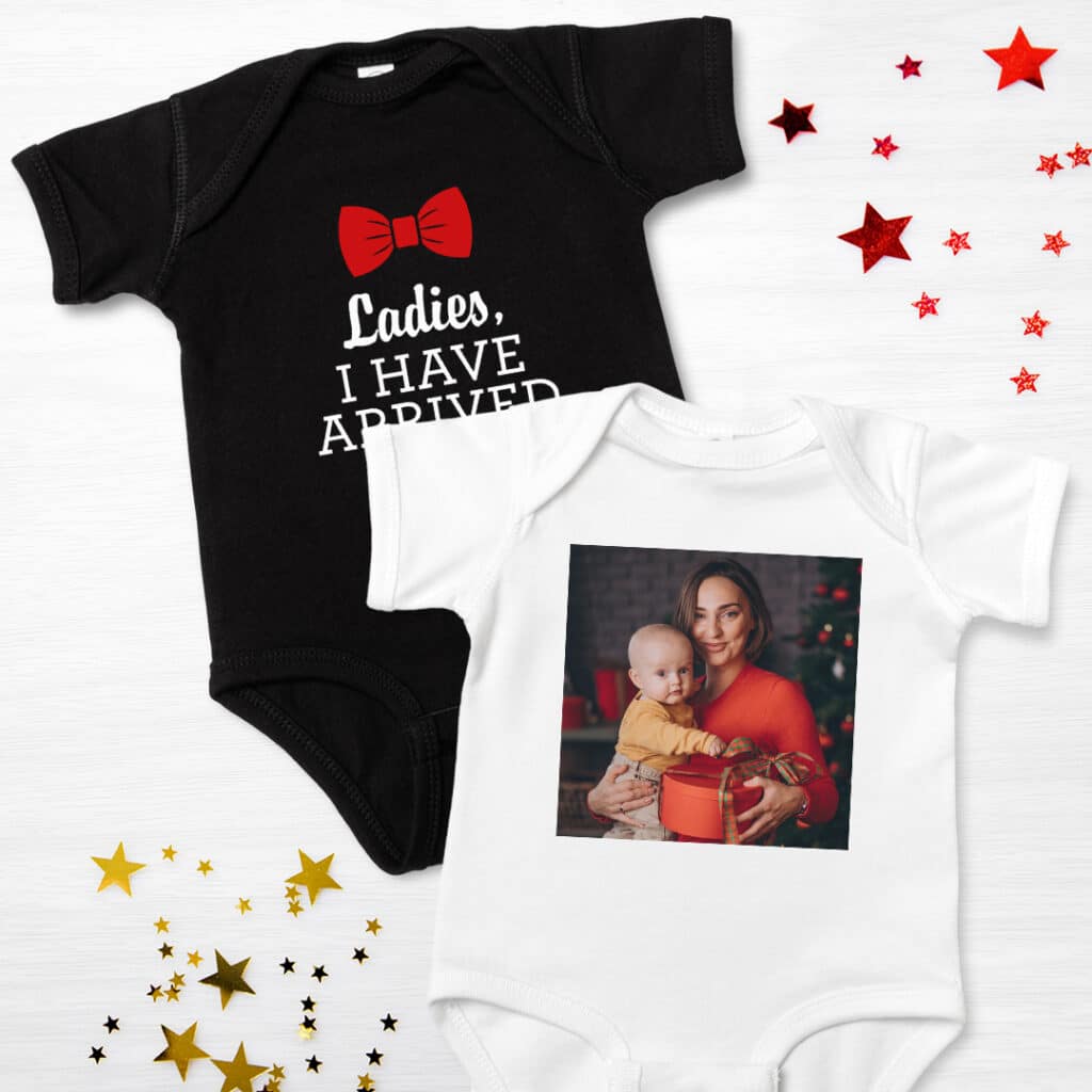 Baby bodysuits can be customized with photos and text