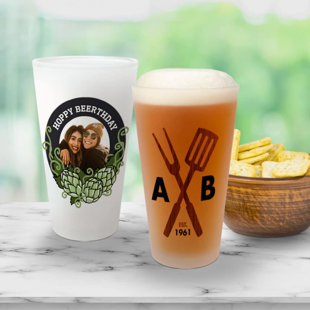Customized frosted pint glasses from Snapfish are the perfect party gift