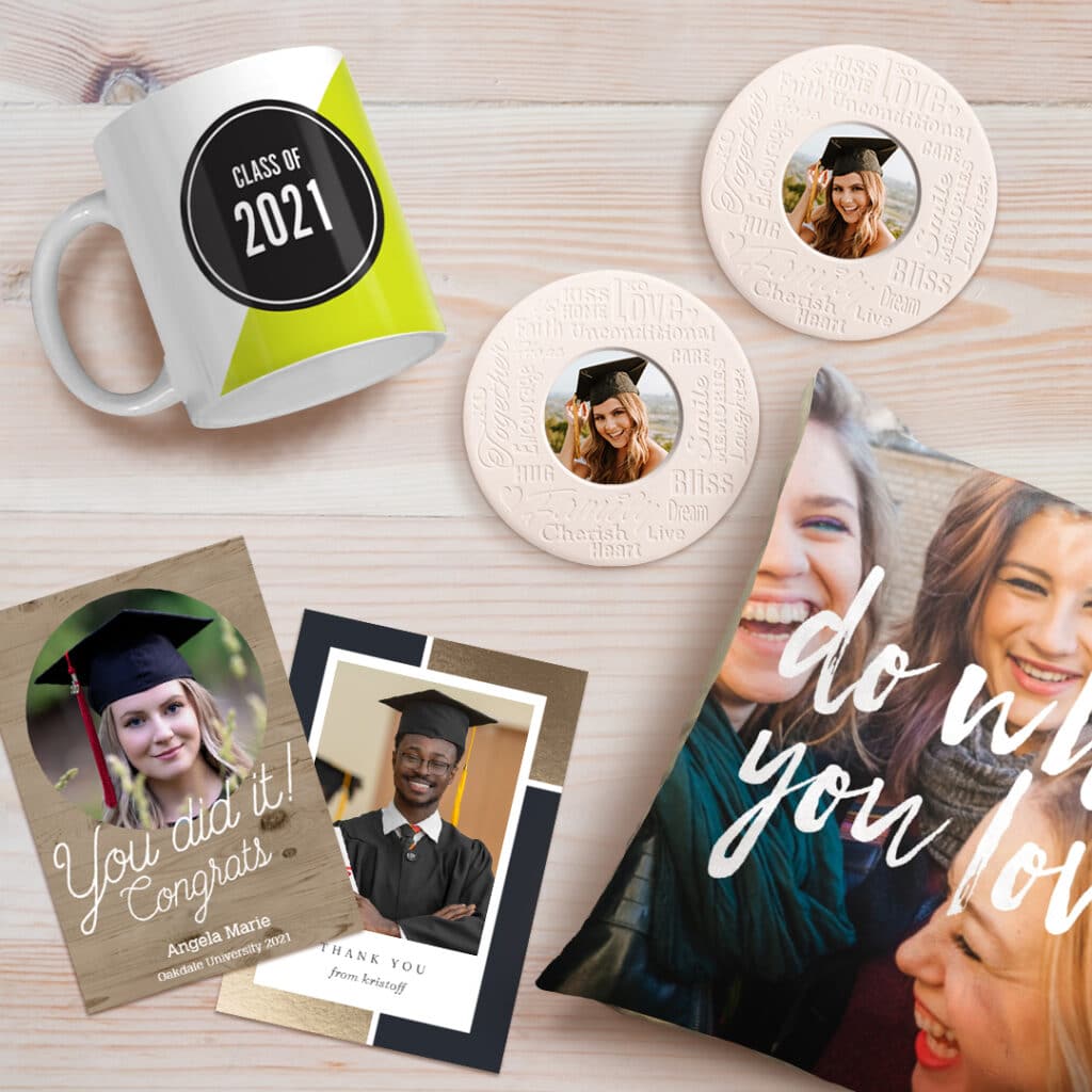 Custom Graduation gifts made with pictures printed onto mugs, cards, coasters and pillows