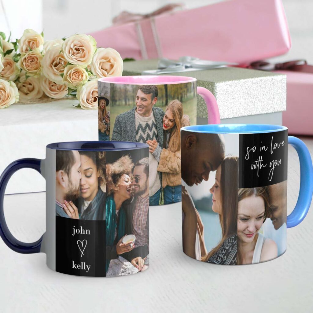 three colored mugs in front of roses with new Valentine's Day designs