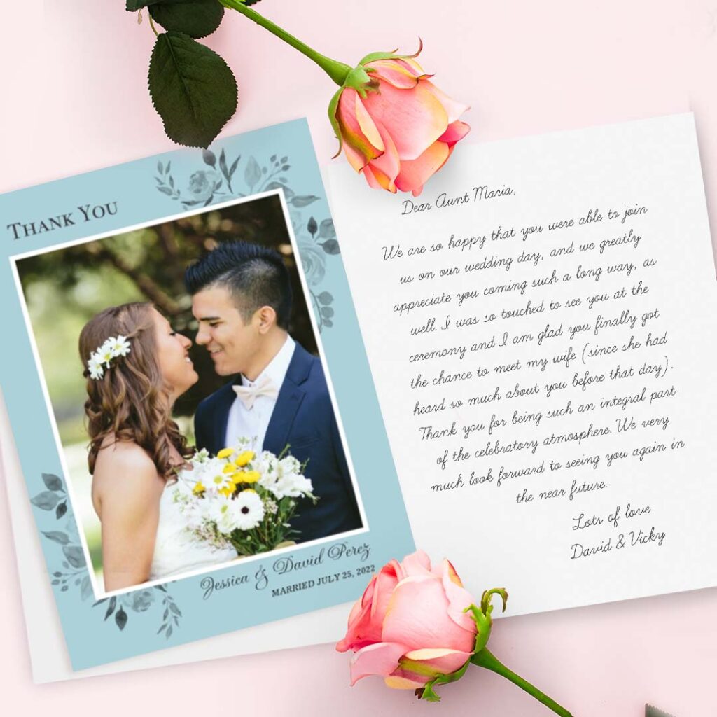 Print custom wedding thank you messages inside personalized wedding cards
