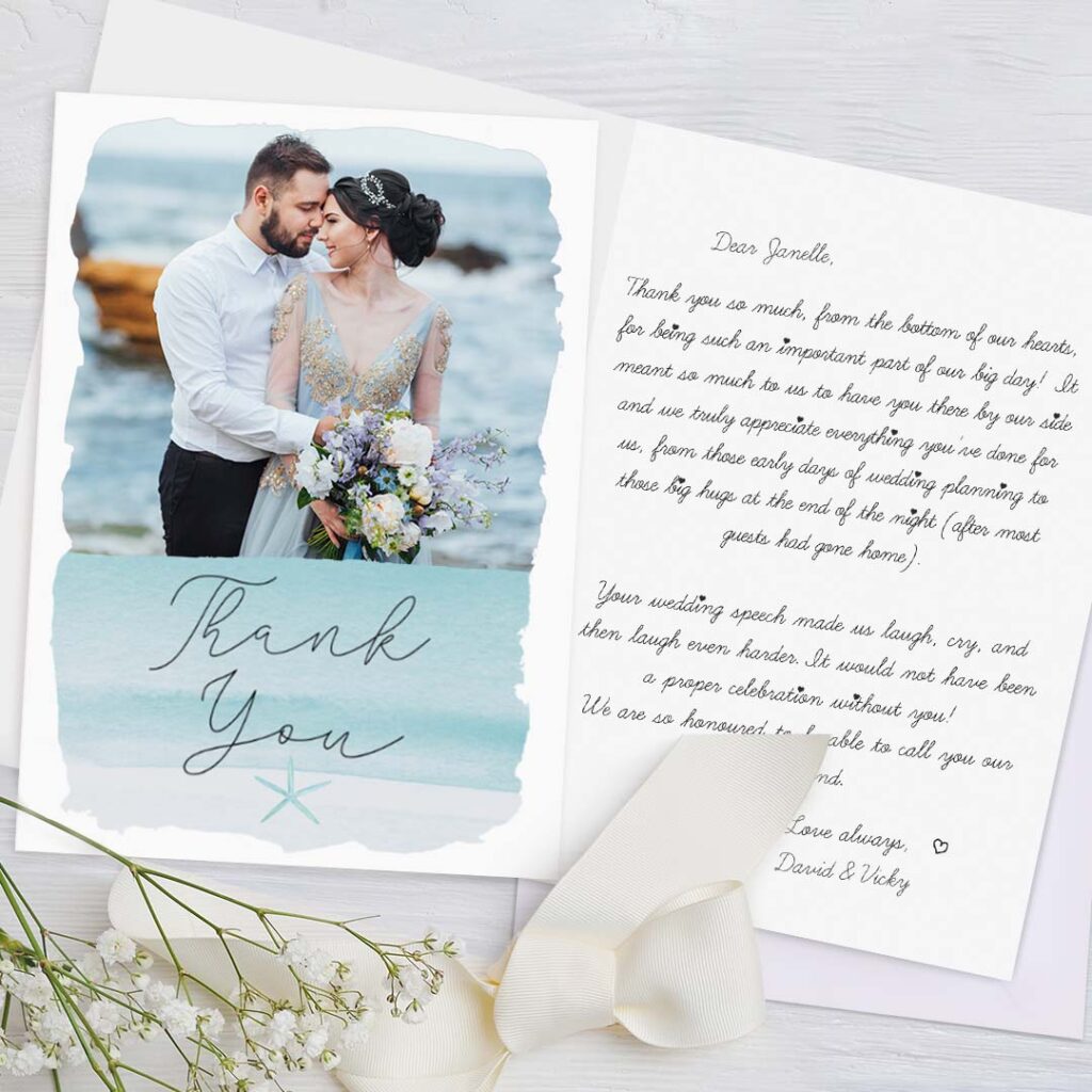 Print custom wedding thank you messages inside personalized wedding cards