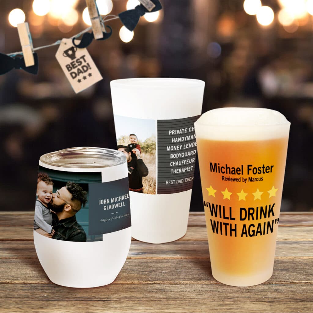 Create custom Father's Day photo mugs + drinkware for Dad