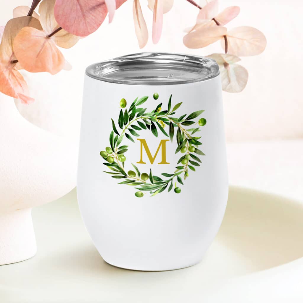 Floral Monogrammed Stemless Wine Glass