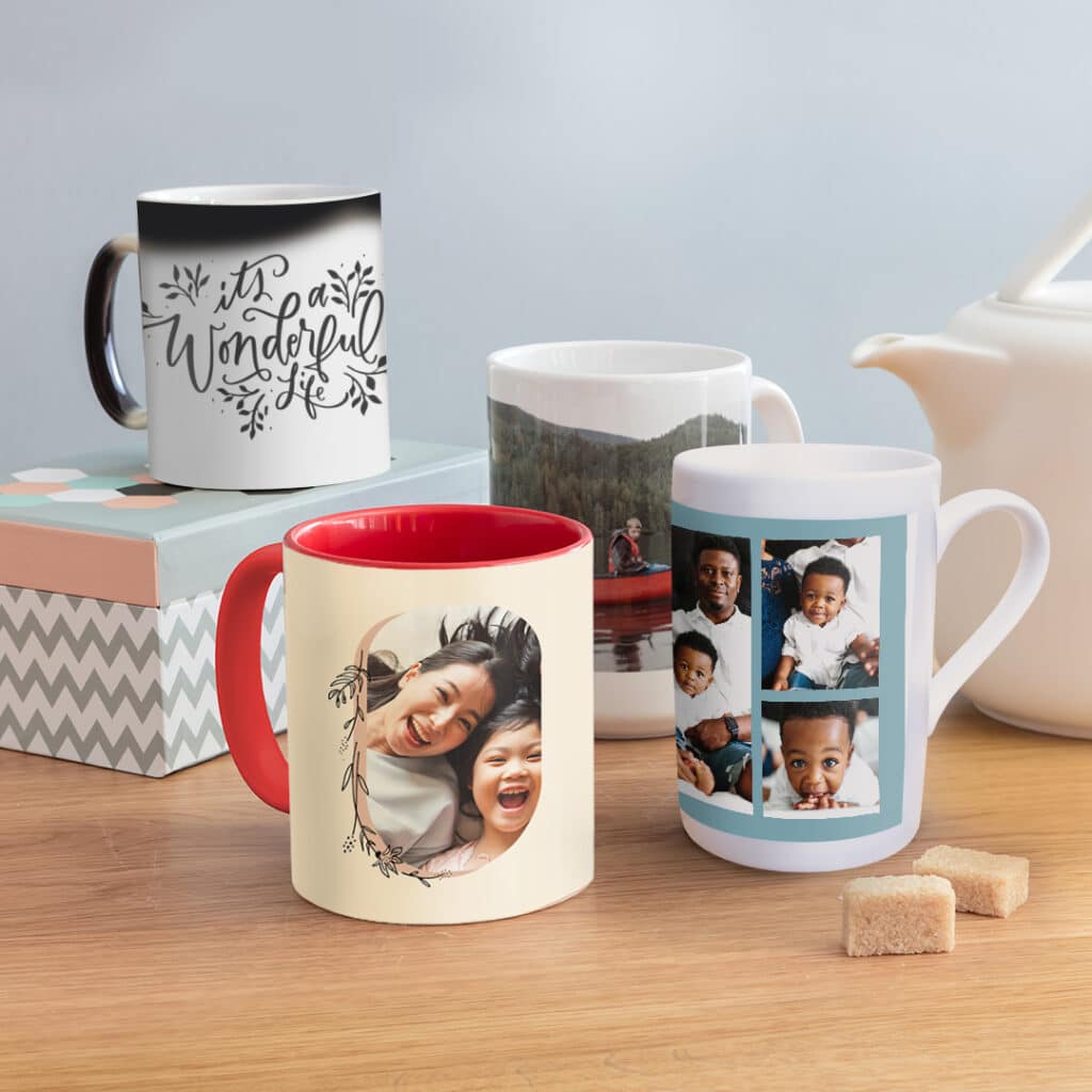 Photo mugs displayed on a table